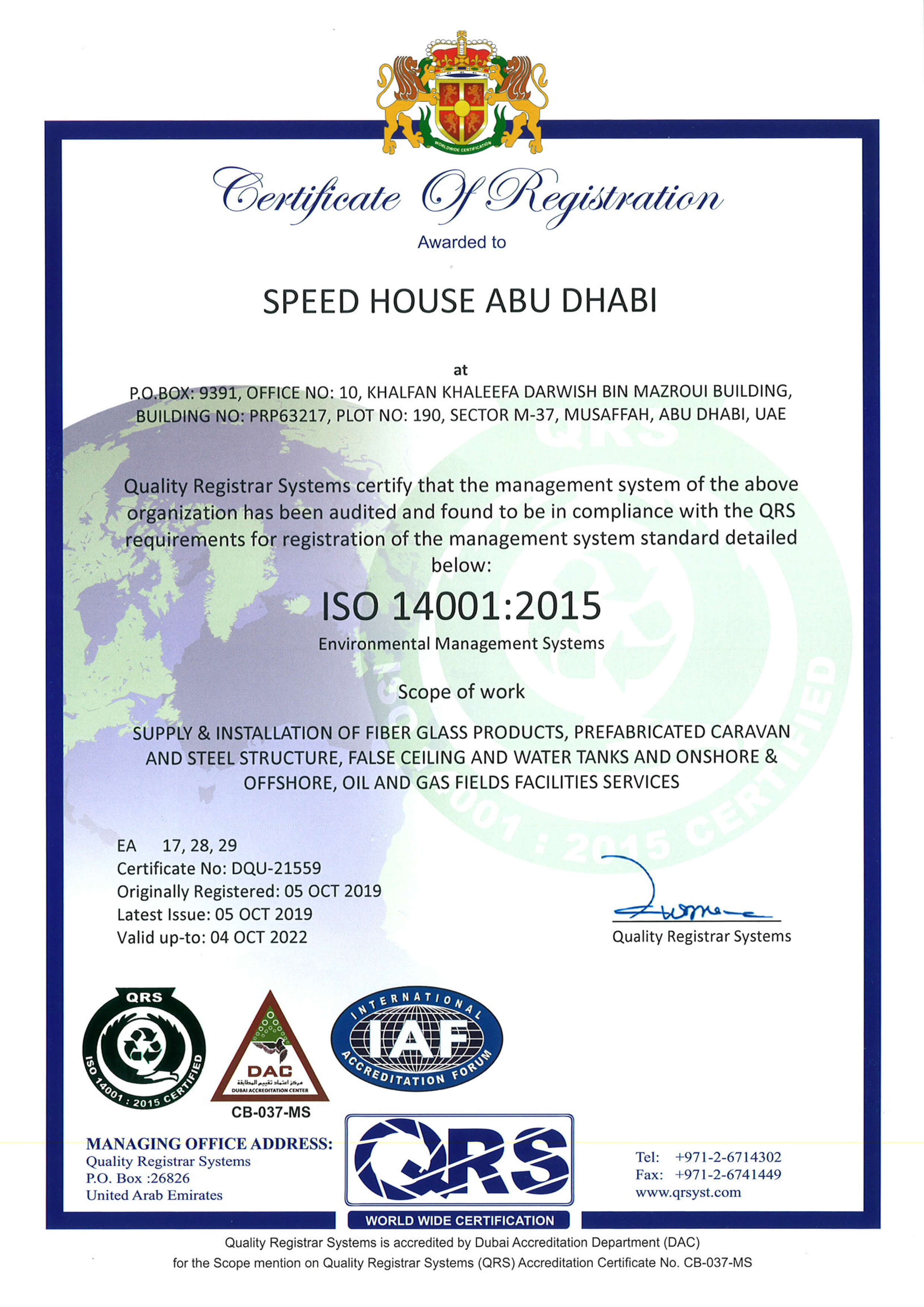 Speed House Abu Dhabi 14001 Certificate