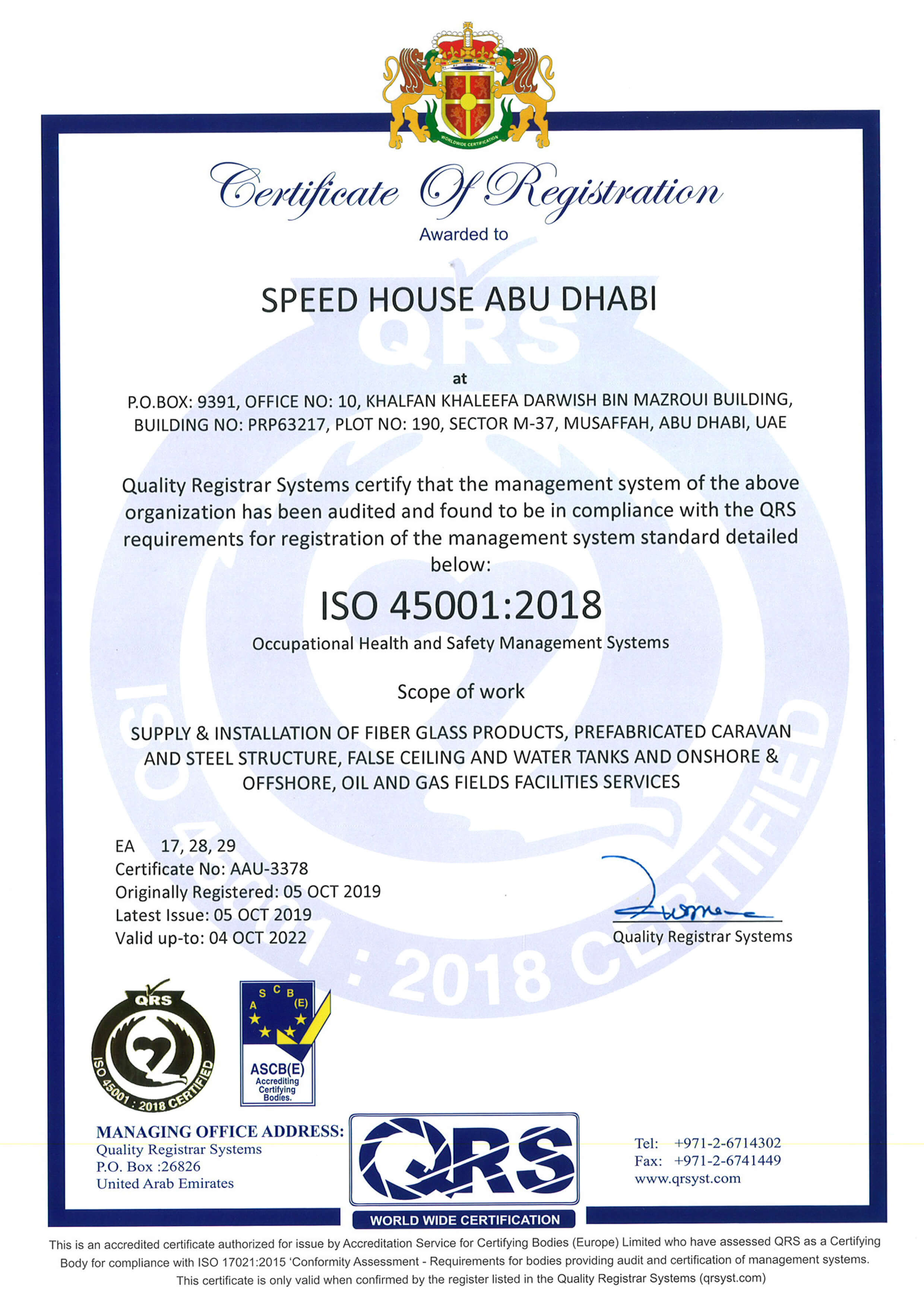 Speed House Abu Dhabi 45001 Certificate