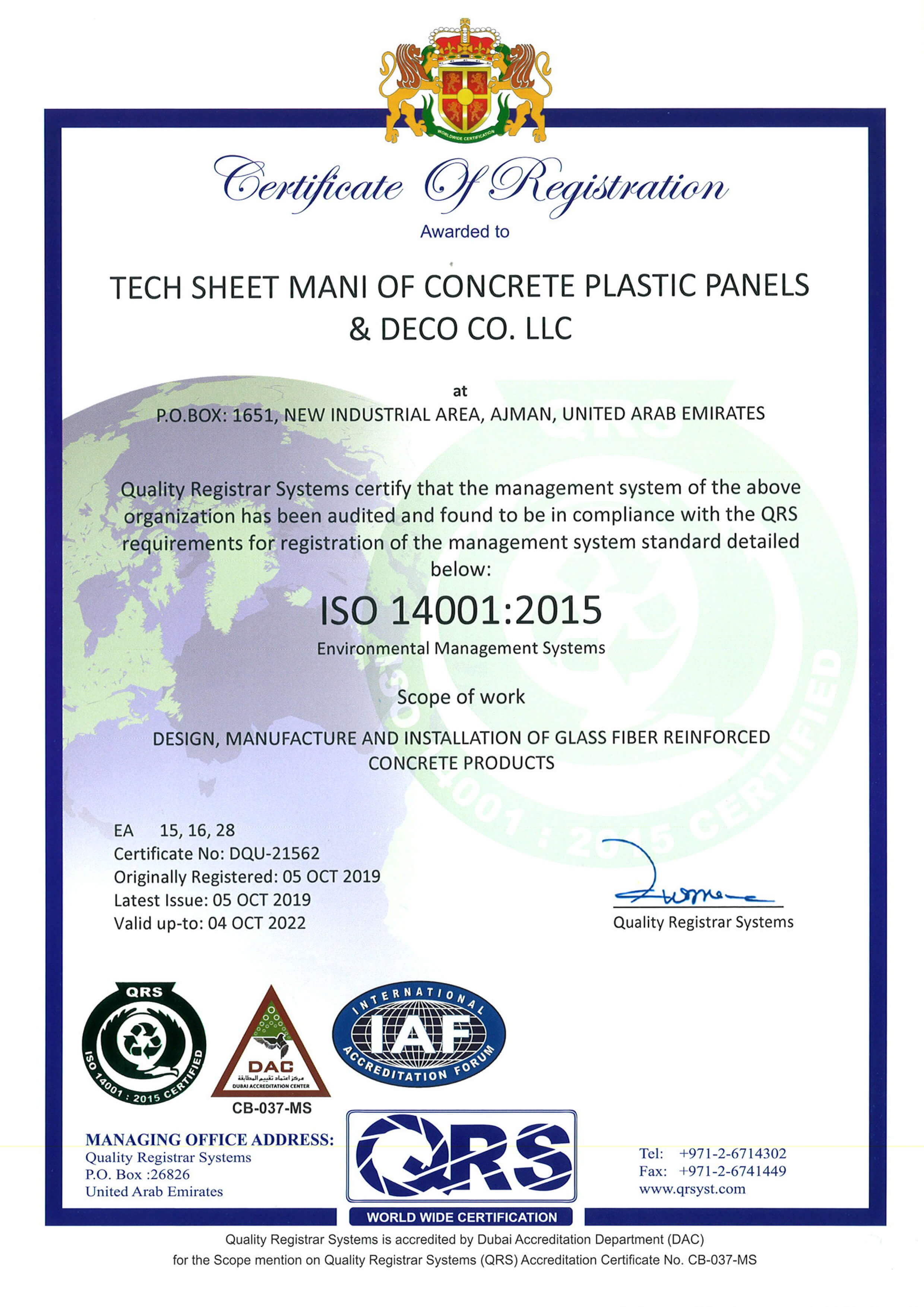 Speed House Group GRC ISO 14001 Certificate
