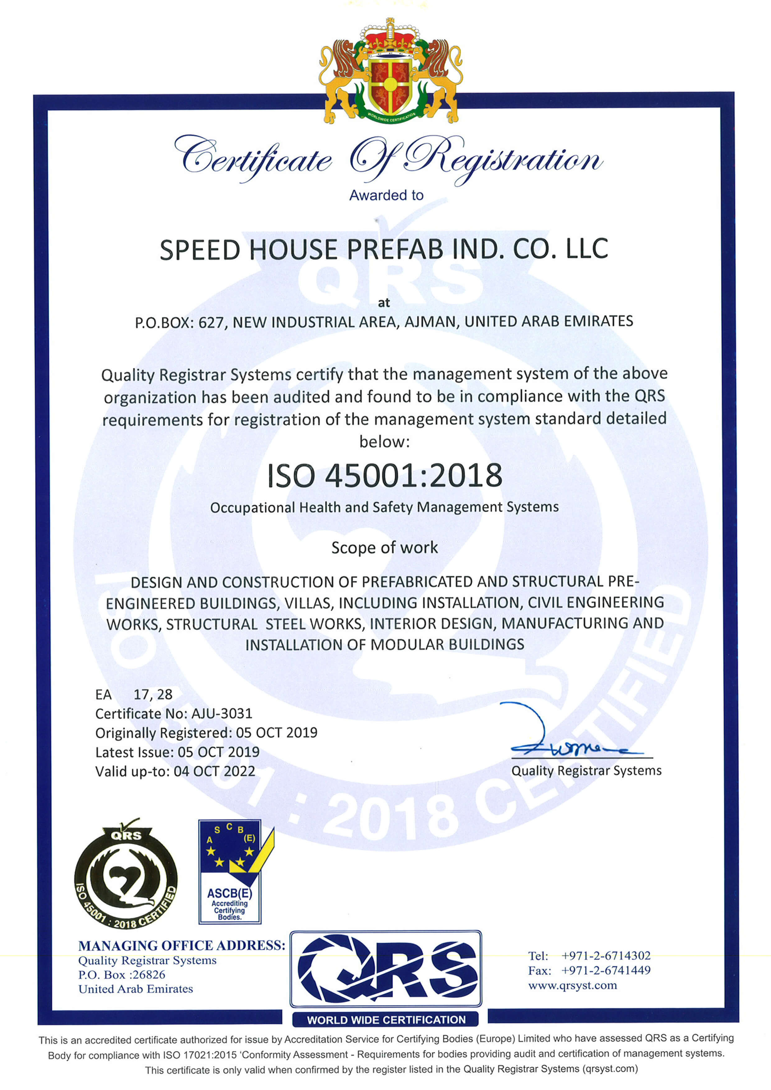 Speed House Group Prefab ISO 45001 Certificate