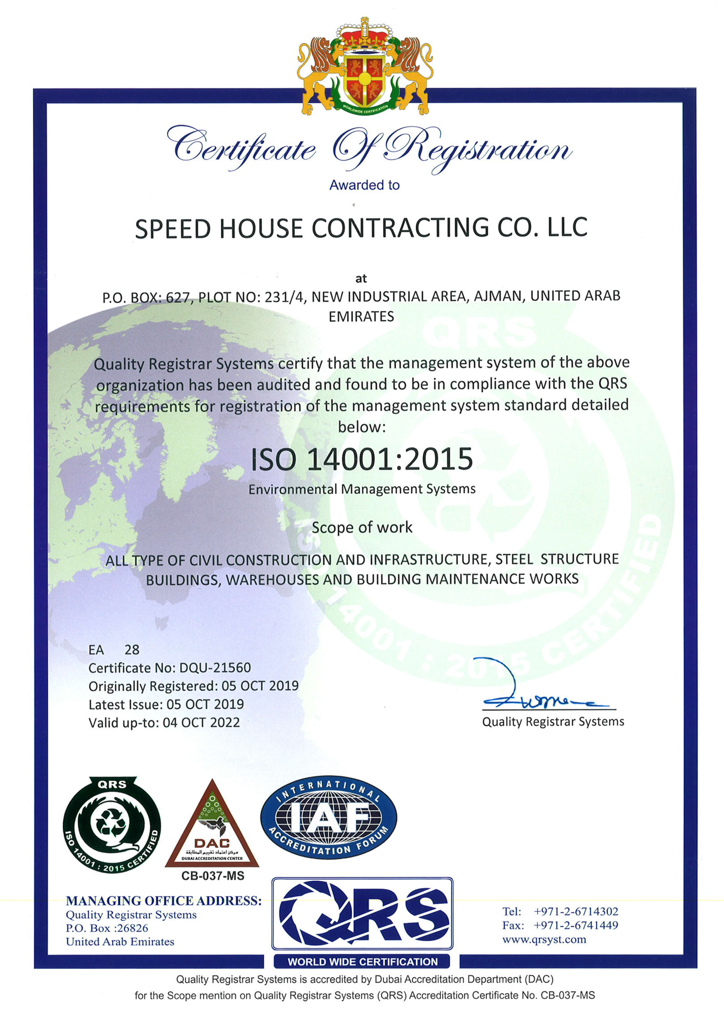 Speed House Group Contracting ISO 14001 Certificate