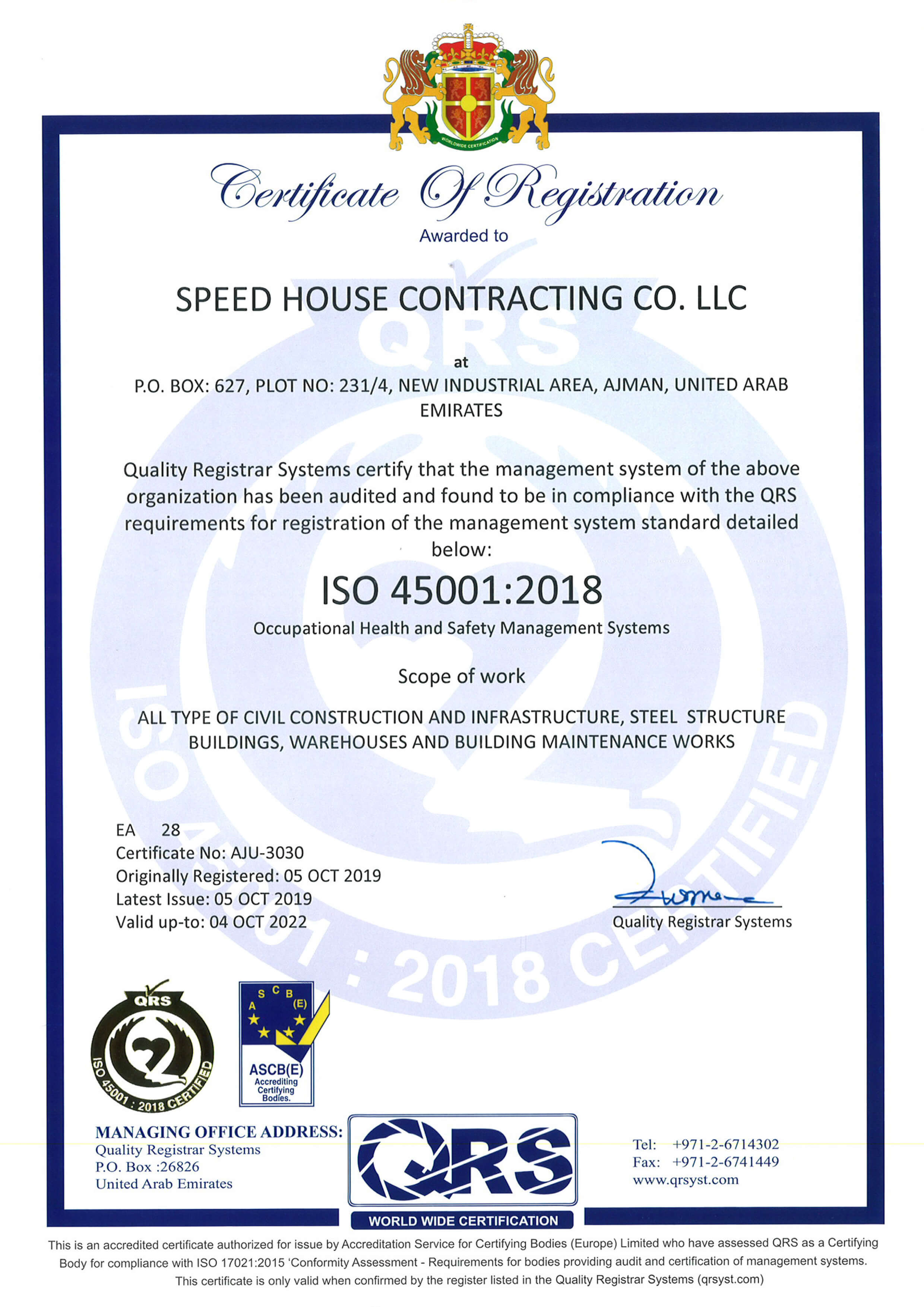 Speed House Group Prefab ISO 45001 Certificate